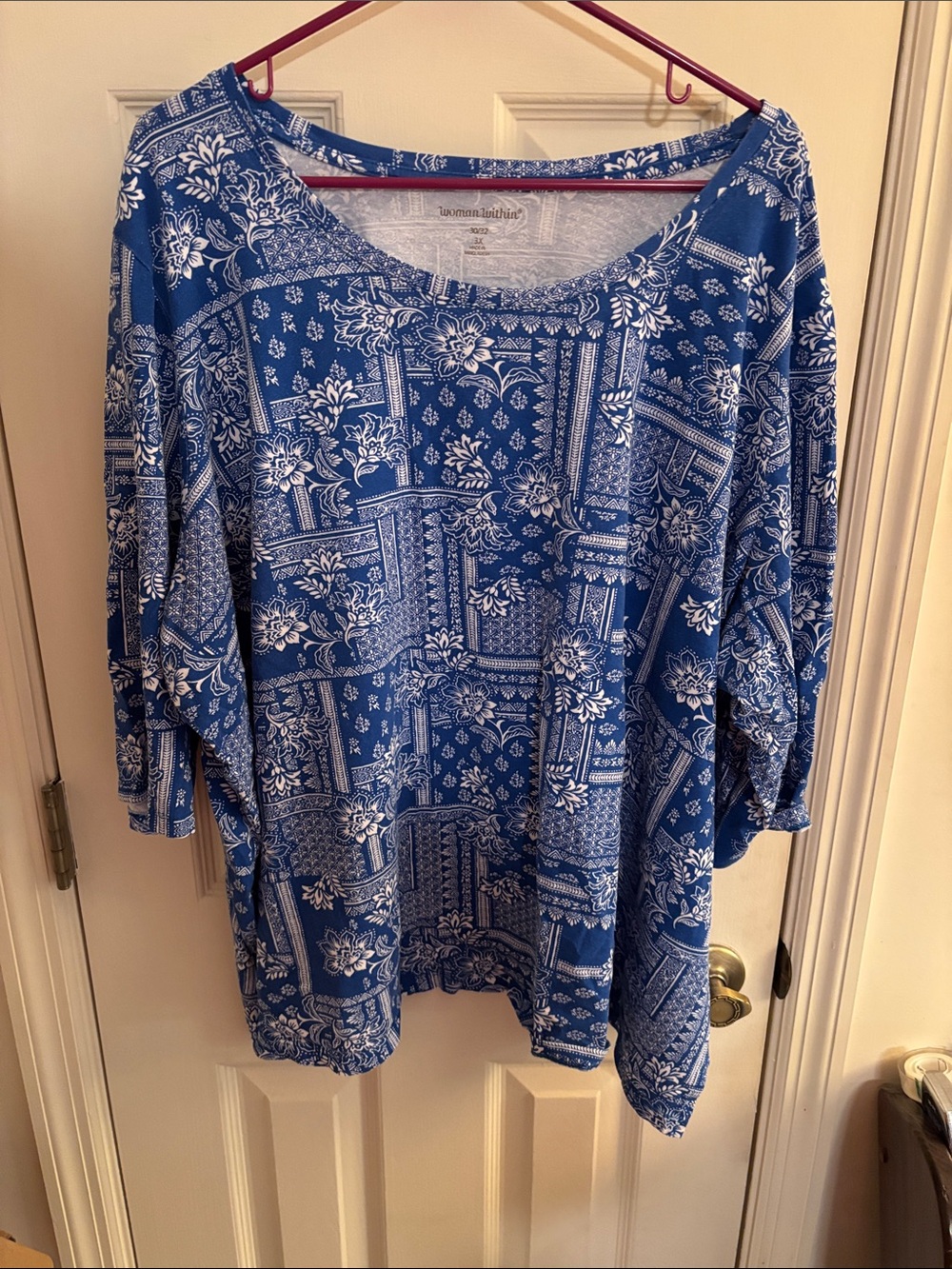 Woman Within Blue White Floral Patchwork Scoop Neck Tunic